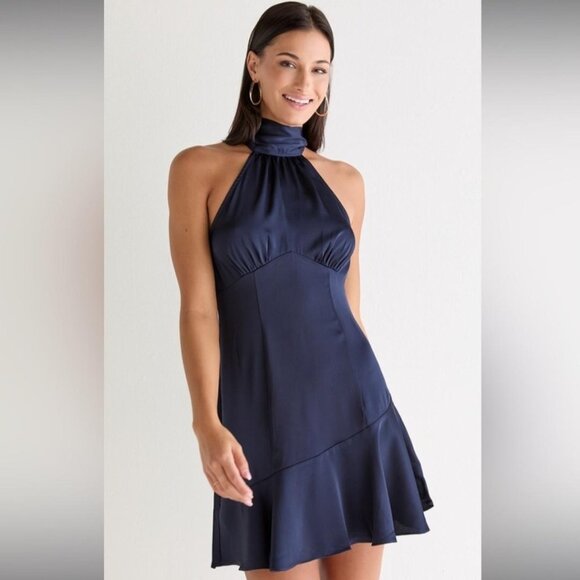 NWOT Navy Satin Halter Bow Mini Dress - Picture 1 of 7
